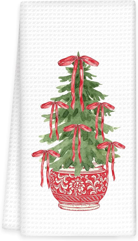 Chinoiserie Christmas Tree Kitchen Towels, Red Chinoiserie Decor Hand Towels, Red Preppy Bow Chri... | Amazon (US)