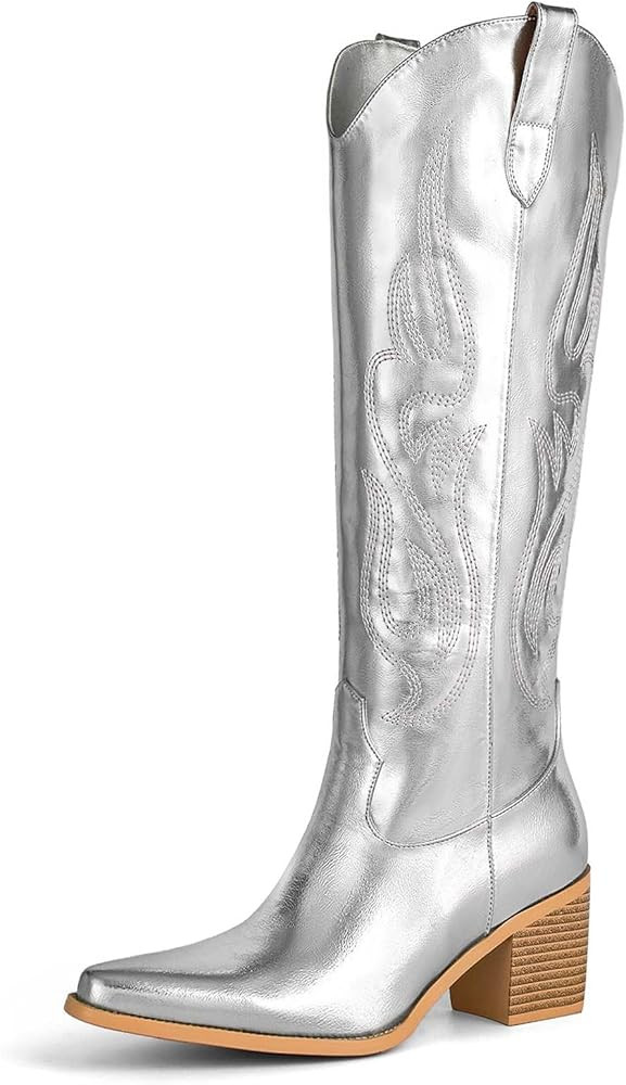 Pasuot Rhinestone Cowboy Boots for Women - Wide Calf Knee High Cowgirl Boots with Side Zipper and... | Amazon (US)