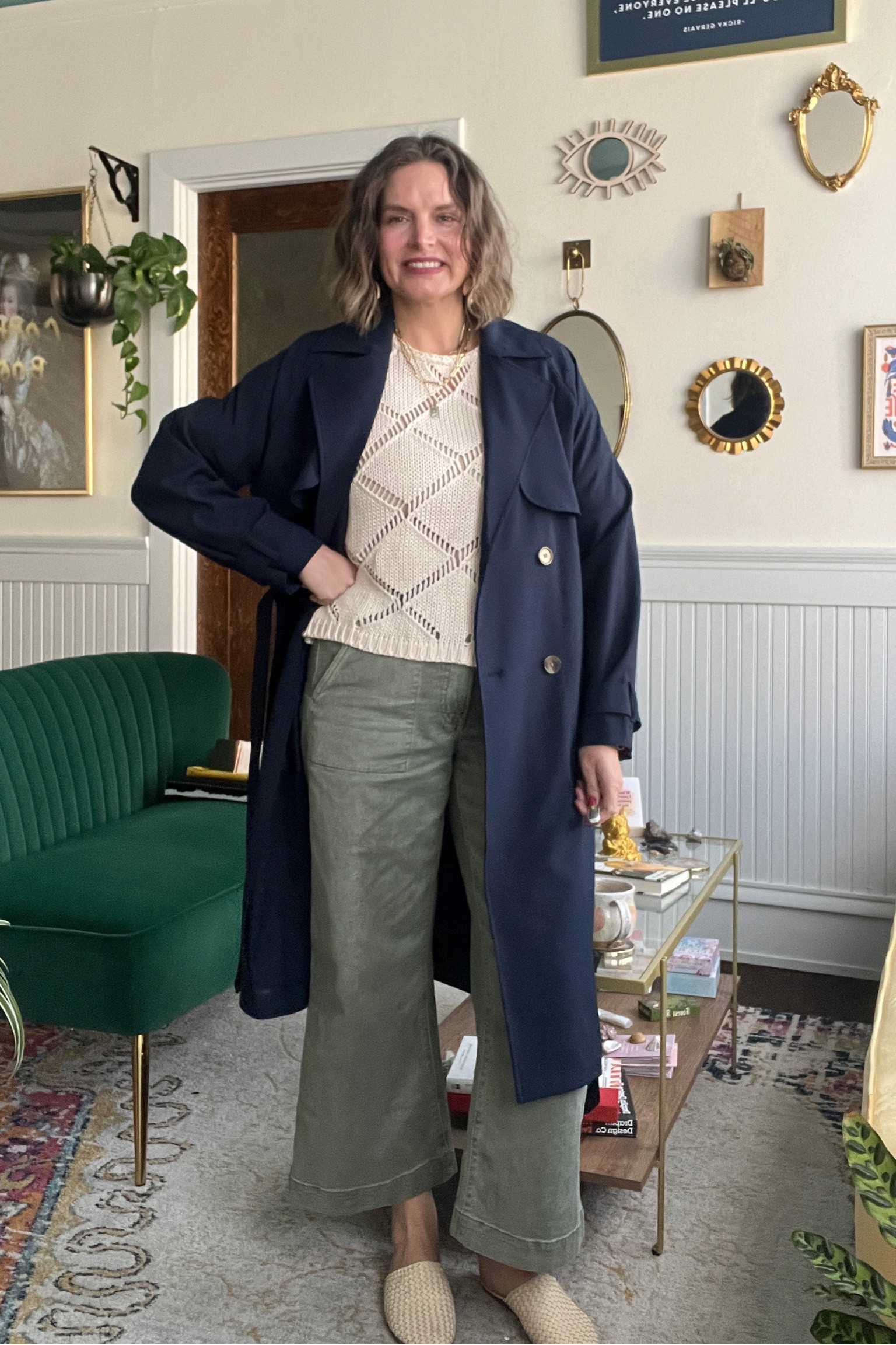 Spring capsule code: neutral sweater + wide leg colored denim pants + trench + slides #LTKover40 #LTKmidsize

#LTKSeasonal