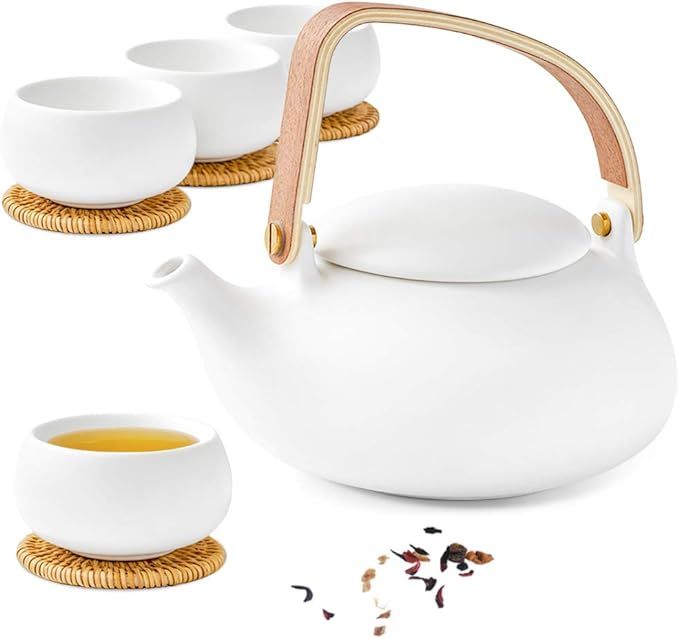 ZENS Ceramic Teapot with Infuser, Bentwood Handle Loose Leaf Japanese Tea Set, 27 Ounce Matte Whi... | Amazon (US)