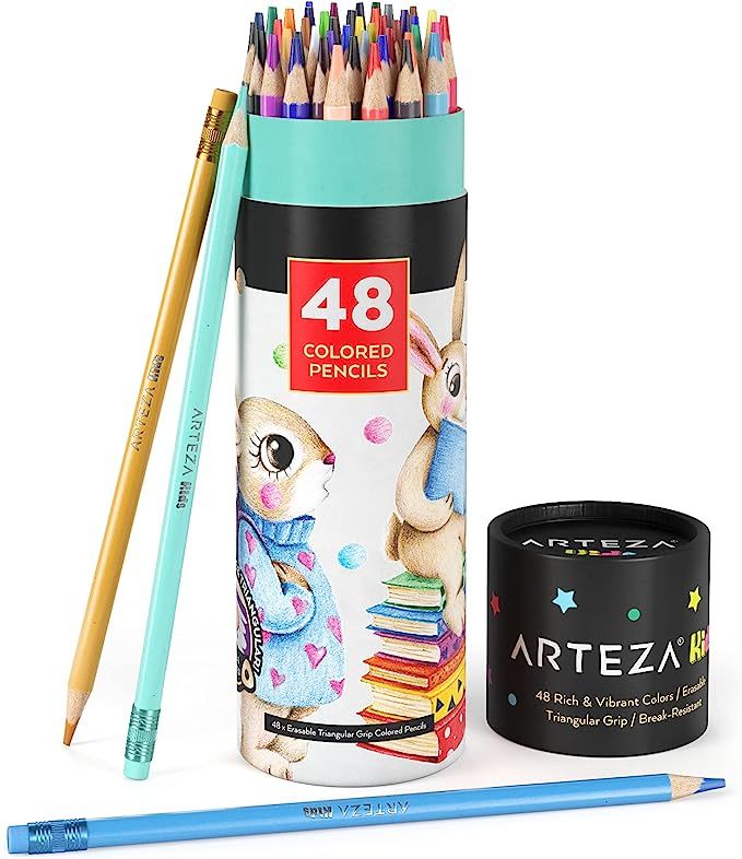 Arteza Kids Erasable Colored Pencils, Set of 48, Triangular Pencil Crayons, Pre-Sharpened, Art Su... | Amazon (US)