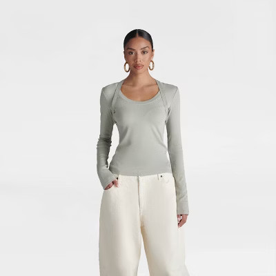 KBB by KAHLANA Women's 'The Long Sleeve Harness Ribbed Top' - Sage Green | Target