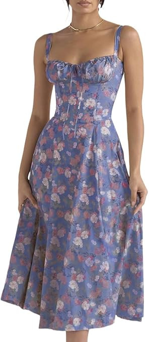 Women Floral Corset Dress,Boho Summer Spaghetti Straps Square Neck High Waist Floral Split Midi D... | Amazon (US)