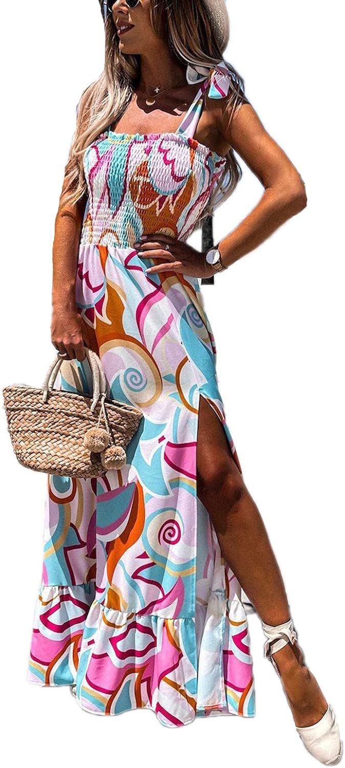 Floralmia Women's Summer Spaghetti Strap Floral-Print Ruffle Maxi Dress Cute Smocked Flowy Split ... | Amazon (US)