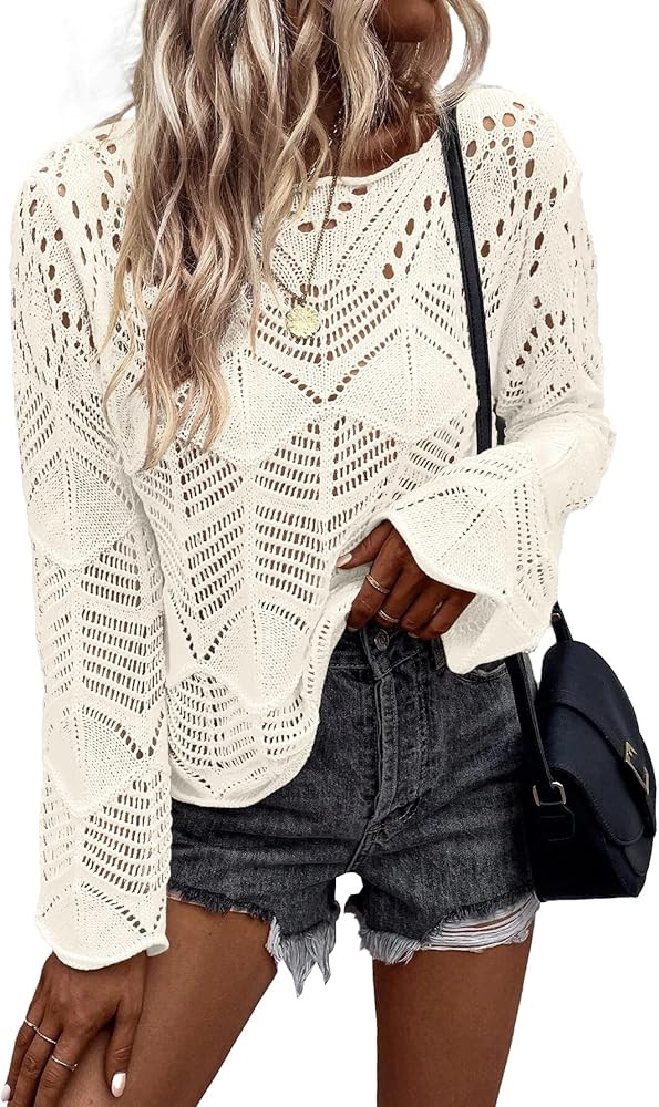 Allimy Womens Long Sleeve Hollow Out Crochet Crewneck Knitted Top Blouses Cover Up | Amazon (US)