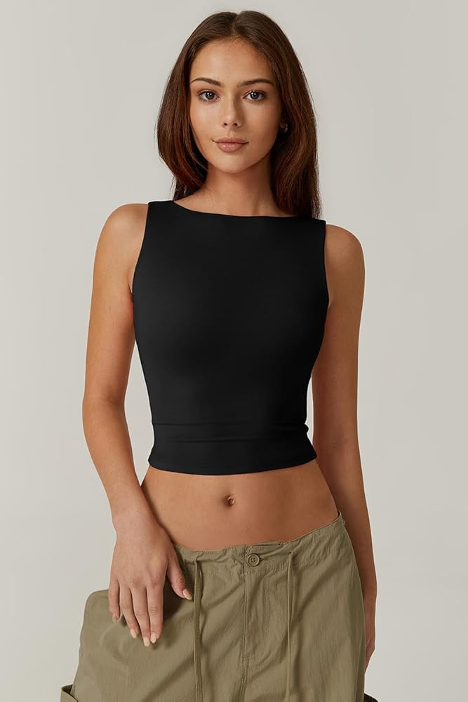 QINSEN Women's Sexy Open Back Sleeveless Crop Tank High Neck Slim Fit Cropped Tee Shirt Y2k Tops | Amazon (US)