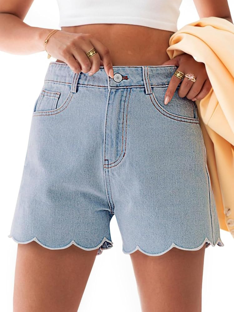 Aoysky Womens High Waisted Denim Shorts Summer Straight Leg Wave Hem Short Jeans Casual Trendy Jo... | Amazon (US)