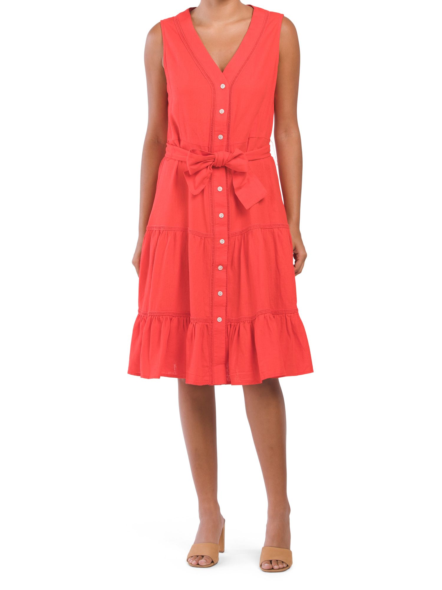 Linen Blend Sleeveless Button Front Ruffle Hem Dress | TJ Maxx