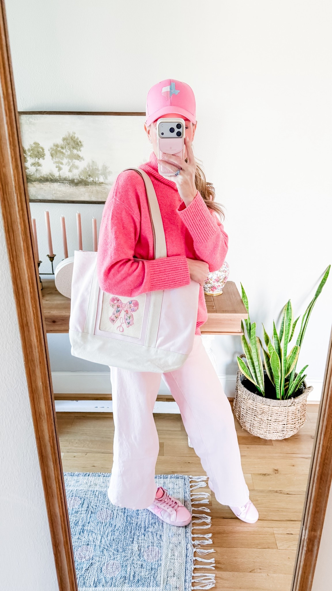 All pink! 🩷 Finished my needlepoint tote bag so had to coordinate of course! 

Pink sweater
Pink jeans
Large canvase tote bag
Kendra Scott phone case and magnetic wallet
Pink tennis shoes
Beaufort Bonnet hat

#LTKmomlife #LTKValentine #LTKOver40
