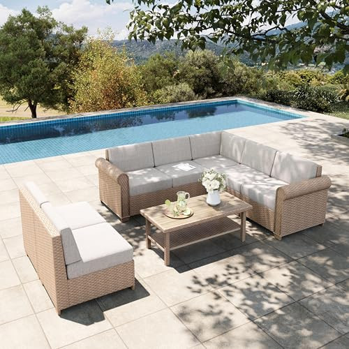 HERA'S HOUSE Patio Furniture Set, All Weather 7 Seats Outdoor Sectional Wicker Sofa with 44" Coffee Table, 5.5" Thick Waterproof Cushion 8 Piece Modular Conversation Set for Garden Deck Backyard | Amazon (US)