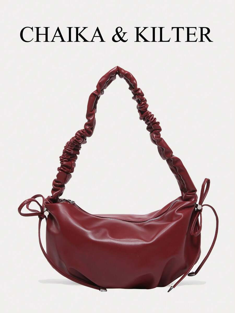 1pc Solid Color Glossy PU Shoulder Bag For Women, Casual Fashion Cloud Pleated Design With Bow Ti... | SHEIN