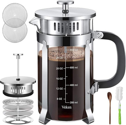 Click for more info about Veken French Press Coffee Tea Maker (34 oz), 304 Stainless Steel Coffee Press with 4 Level Filtra...