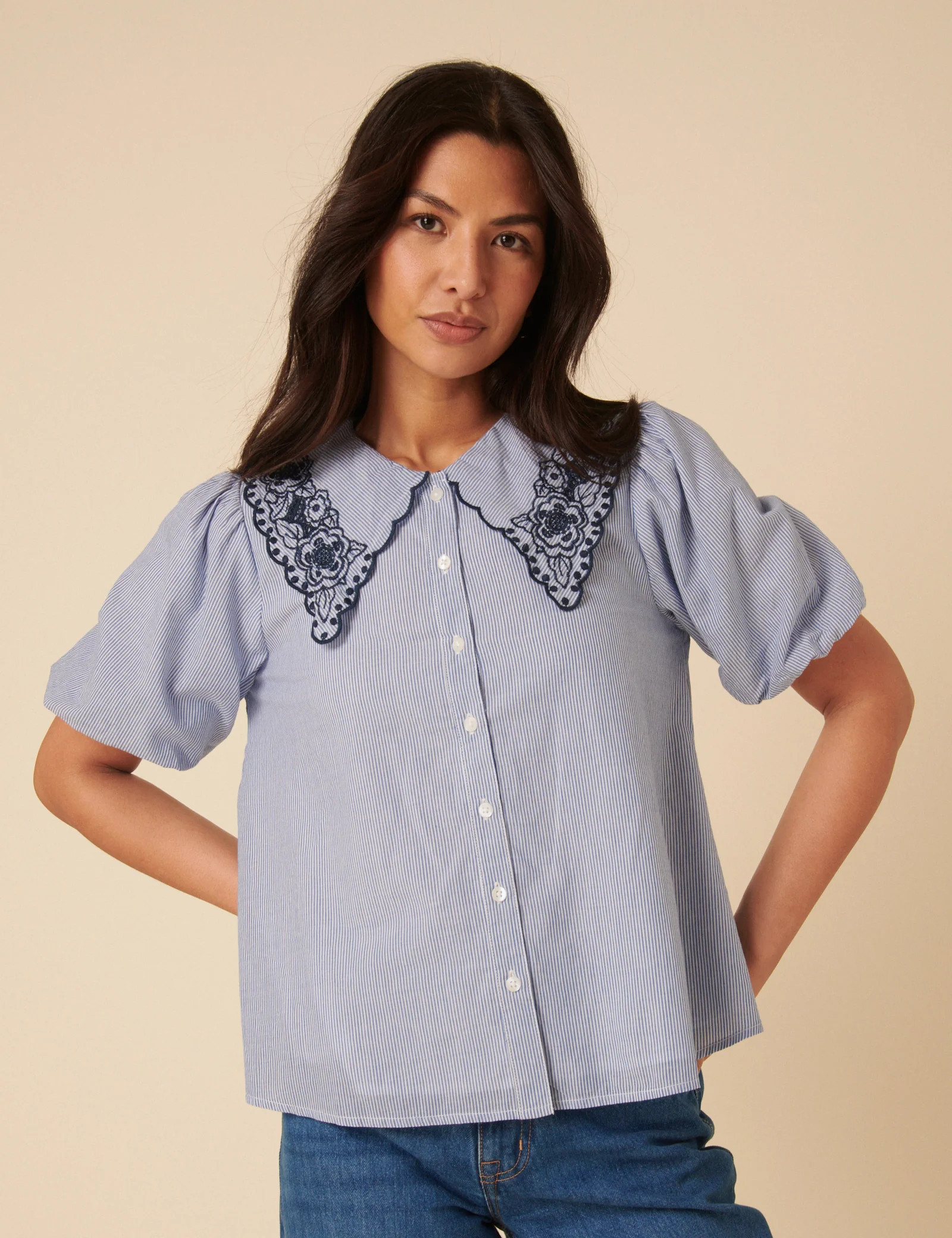Blue Embroidered Collared Striped Blouse | Nobody's Child