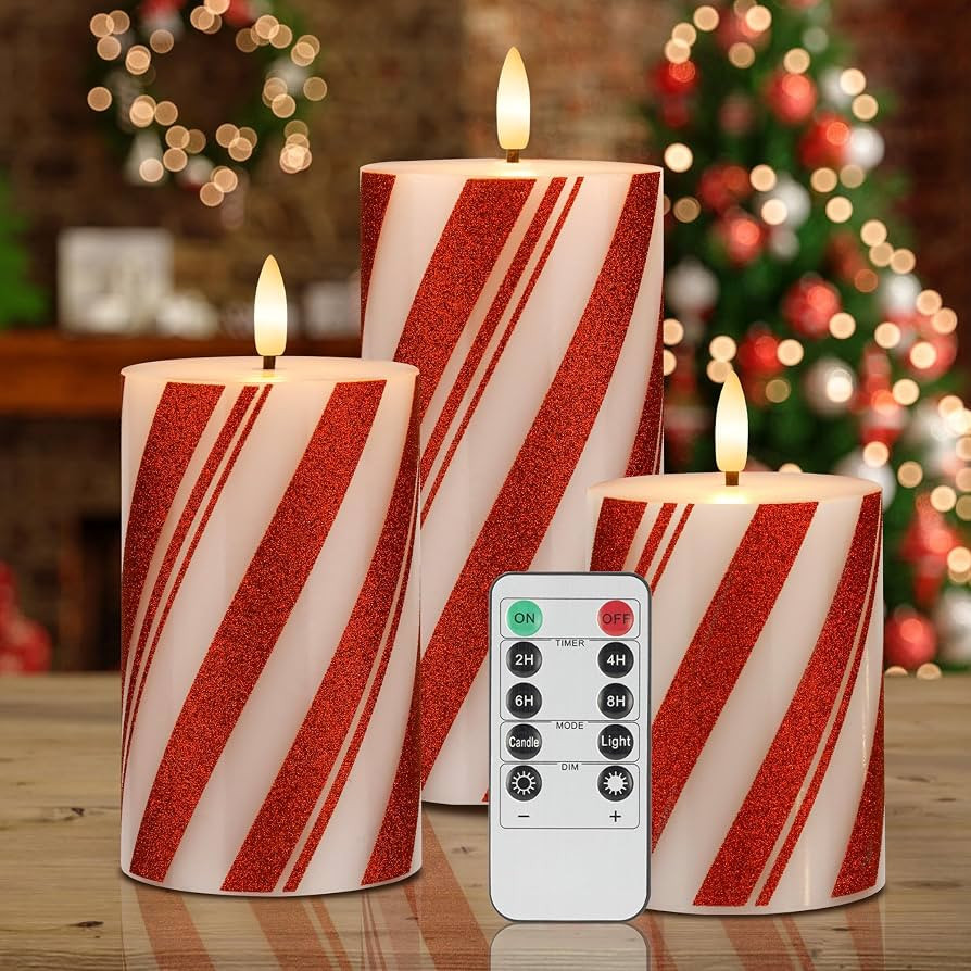 Flameless Pillar Candles with Remote, Battery Operated Candy Cane Candles | Amazon (US)