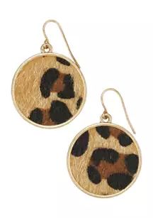 Gold Tone Leopard Print Round Disc Drop Earrings on Fish Hook | Belk