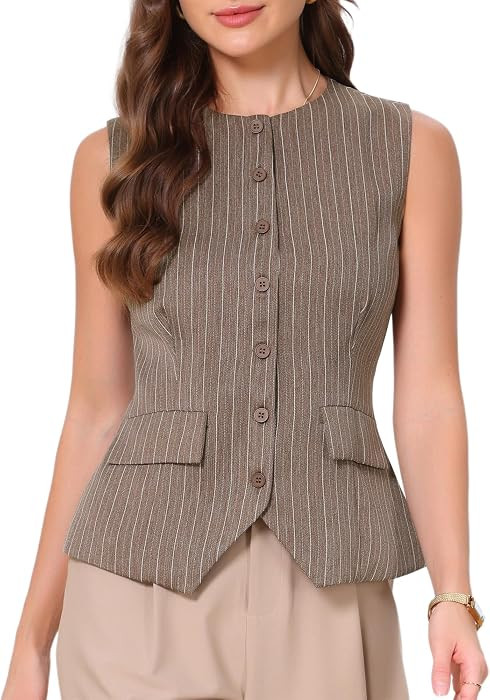 Allegra K Striped Suit Vest Tops for Women's Sleeveless Button Down Waistcoat | Amazon (US)