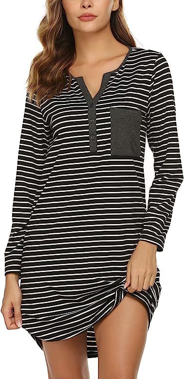 Ekouaer Women's Nightshirt Long Sleeve Button Down Nightgown V-Neck Sleepwear Pajama Dress | Amazon (US)