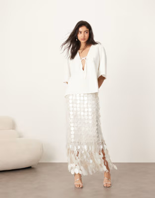 ARRANGE futurist sequin embellished fringe hem midi skirt in white | ASOS (Global)