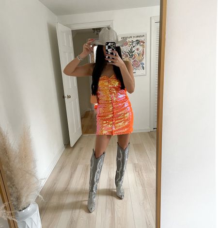 Orange nashville sequin mini dress outfit (wearing size 4) and sequin boots (size up half size) 

#LTKFestival #LTKshoecrush #LTKstyletip