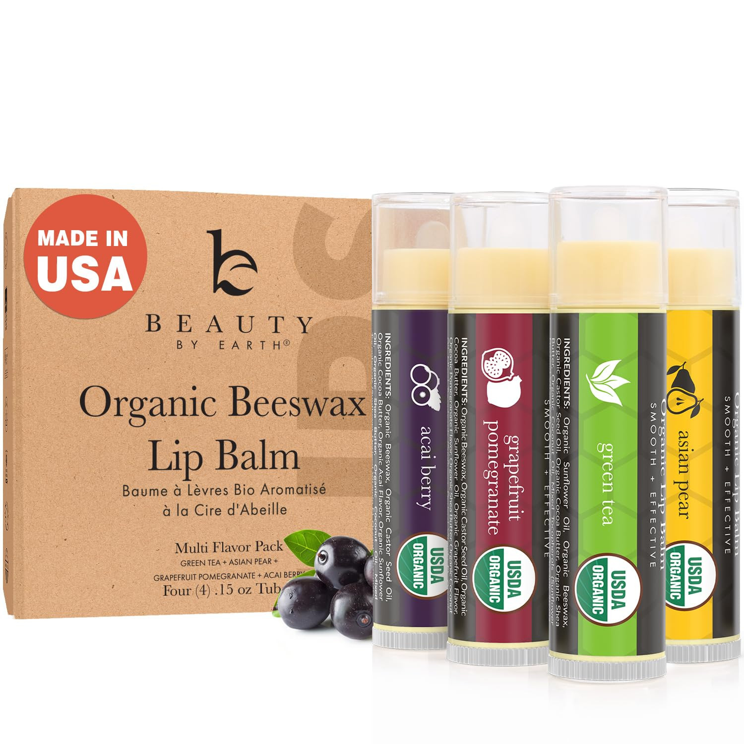 USDA Organic Lip Balm - USA Made with Natural Ingredients, 4 Pack Multi Flavor Lips Moisturizer, ... | Amazon (US)
