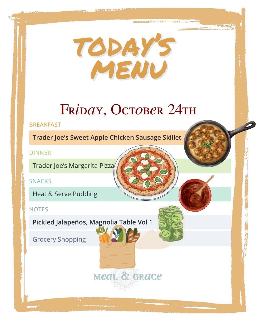 Today’s table will be equal parts comfort and convenience — a Sweet Apple Chicken Sausage Skillet for breakfast, a Margarita Pizza for dinner, and a little nostalgia in the form of heat-and-serve chocolate pudding.

I’ll also be making a batch of Pickled Jalapeños from Magnolia Table, Vol. 1 — the perfect weekend prep project for adding a kick to an upcoming dish. 🌶️

What’s on your menu?

Gracefully yours,
🫶🏻 Jeanie Jo

#LTKHome