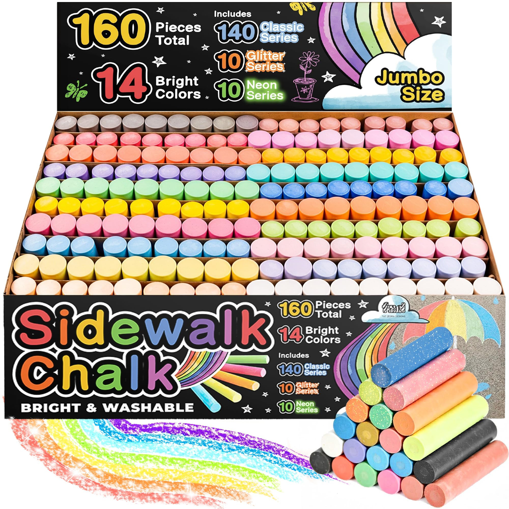 160 PCS Sidewalk Chalk for Kids - 14 Colors, 10 Glitter, 10 Neon Non-Toxic Washable Jumbo Chalks ... | Amazon (US)