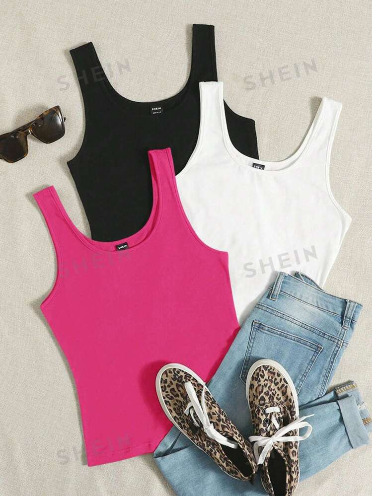 SHEIN EZwear Women's Plus Size Solid Color Round Neck Tank Top 3pcs/Set Summer Clothes | SHEIN