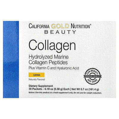 California Gold Nutrition, Marine Collagen Peptides Plus Vitamin C and Hyaluronic Acid, Lemon, 30 Packets, 0.19 oz (5.38 g) Each | iHerb