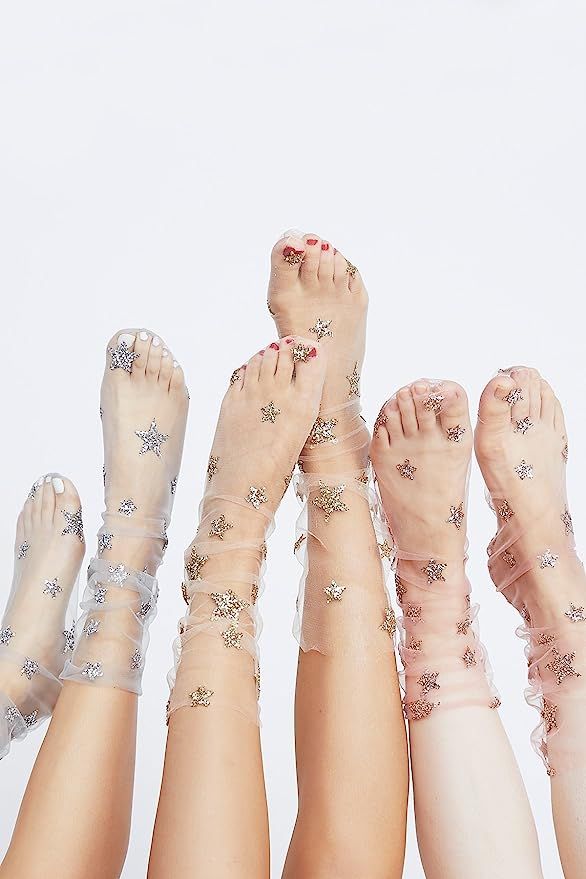 FXmimior Fashion Women Hot Glitter and Stars Tulle Socks (silver) | Amazon (US)