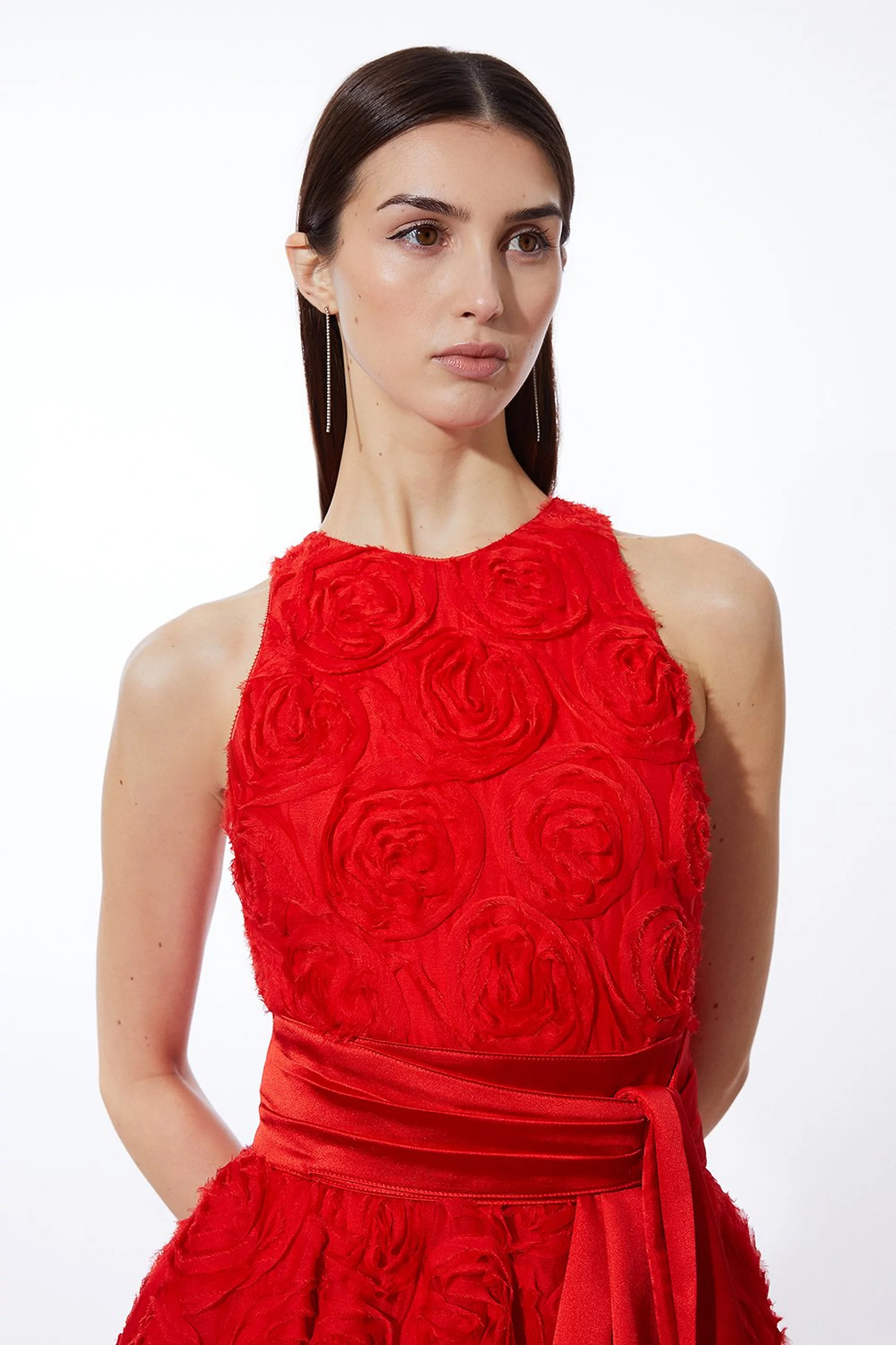 Romantic Rosette Texture Woven Prom Midi Dress | Karen Millen UK + IE + DE + NL