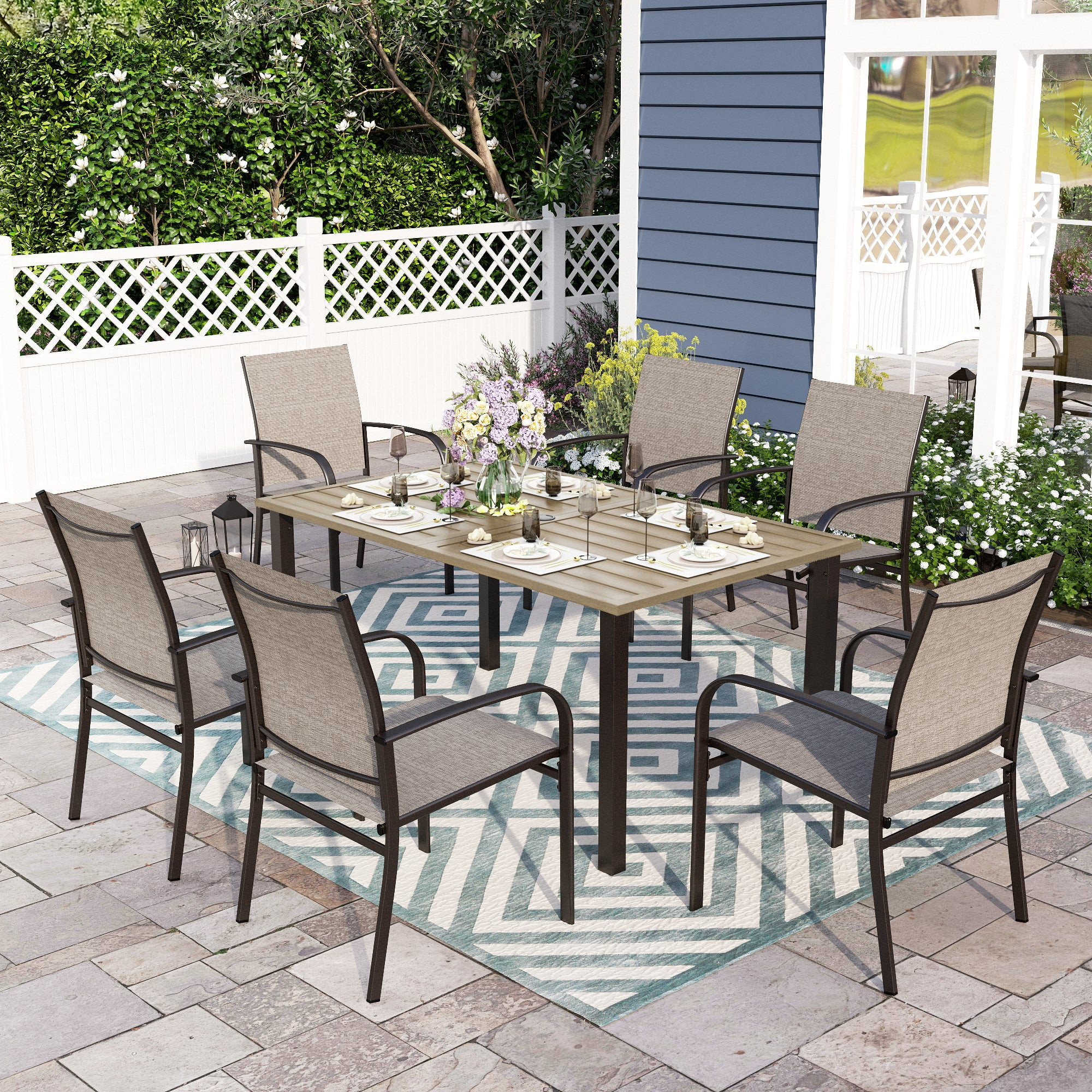 Sophia & William 7 Piece Patio Dining Set 60" Teak Dining Table and 6 Brown Textilene Chairs | Walmart (US)