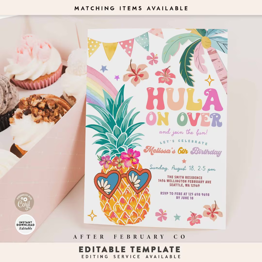 Editable ANY AGE Hula on Over Pineapple Birthday Invitation Girl Tropical Hawaiian Aloha Birthday... | Etsy (US)