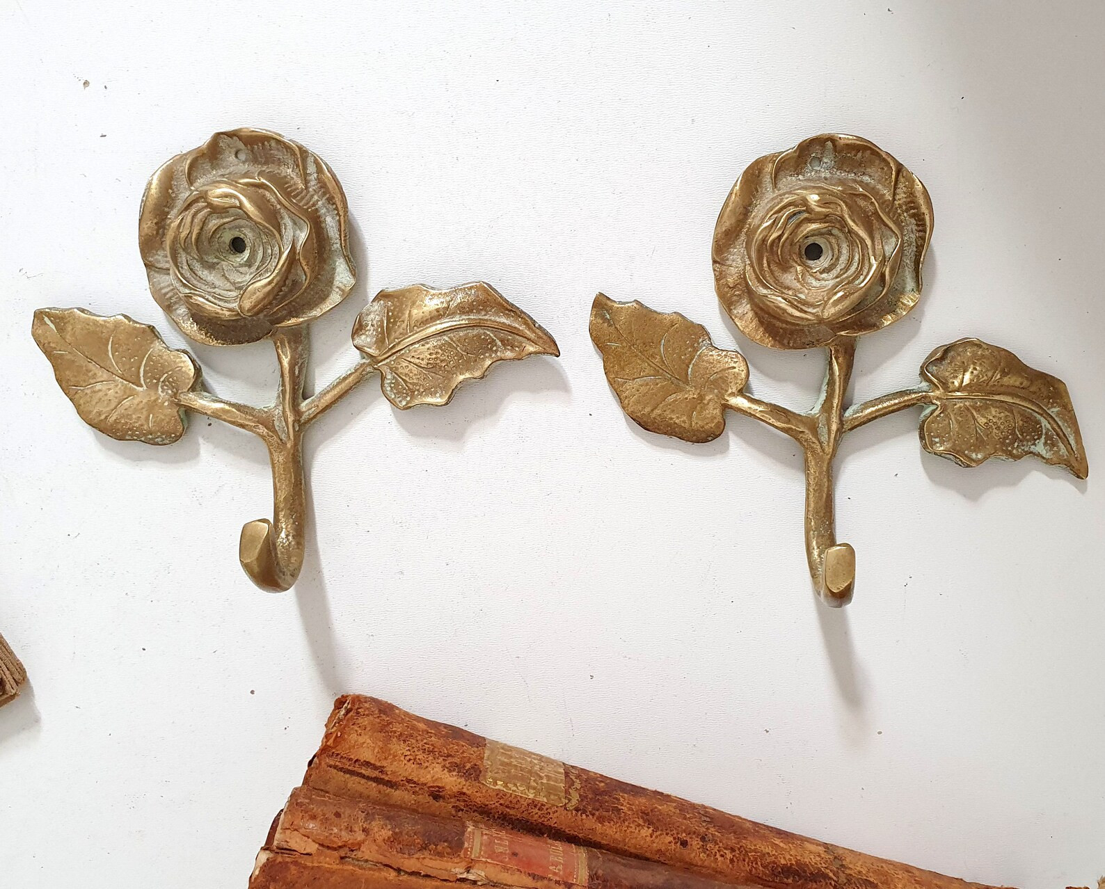 Brass wall hooks pair Antique hardware for painting, picture, photo, mirror, display... Rose flow... | Etsy (US)