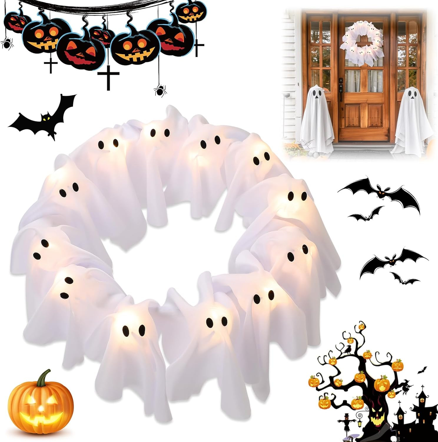 LED Light-Up Halloween Ghost Wreath, 12 Glowing White Ghost Garland, Halloween Ghost Wreath, Spoo... | Amazon (US)