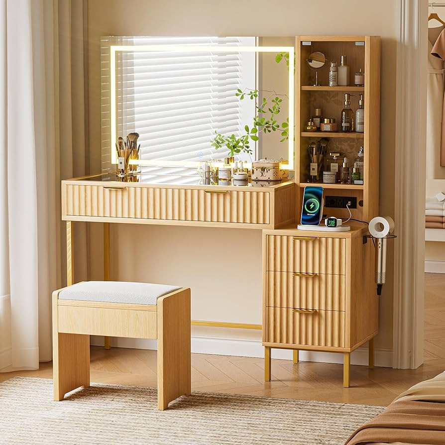 EOYUTLLY 48" Fluted Makeup Vanity Desk with 36" Mirror and Light,Glass Top Wooden Vanity Table wi... | Amazon (US)