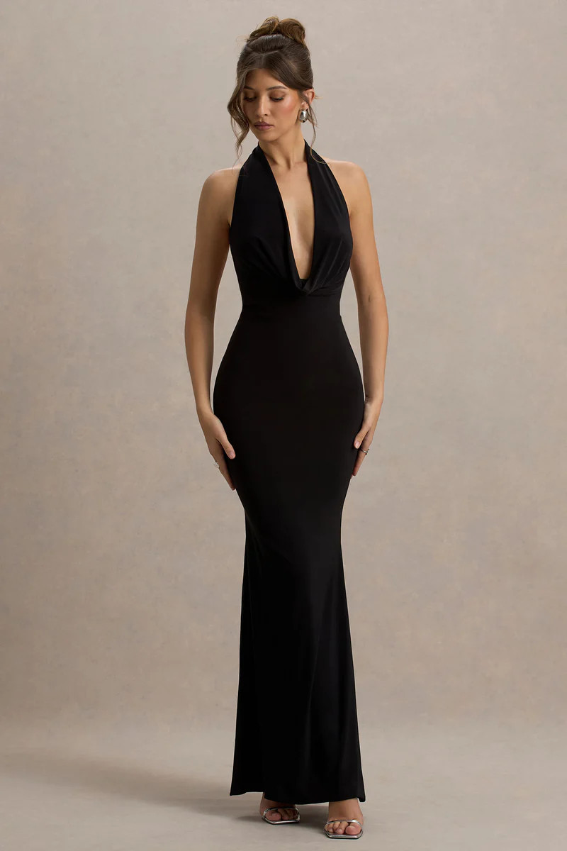 Milani  Black Backless Cowl Neck Fishtail Maxi Dress | Club L London