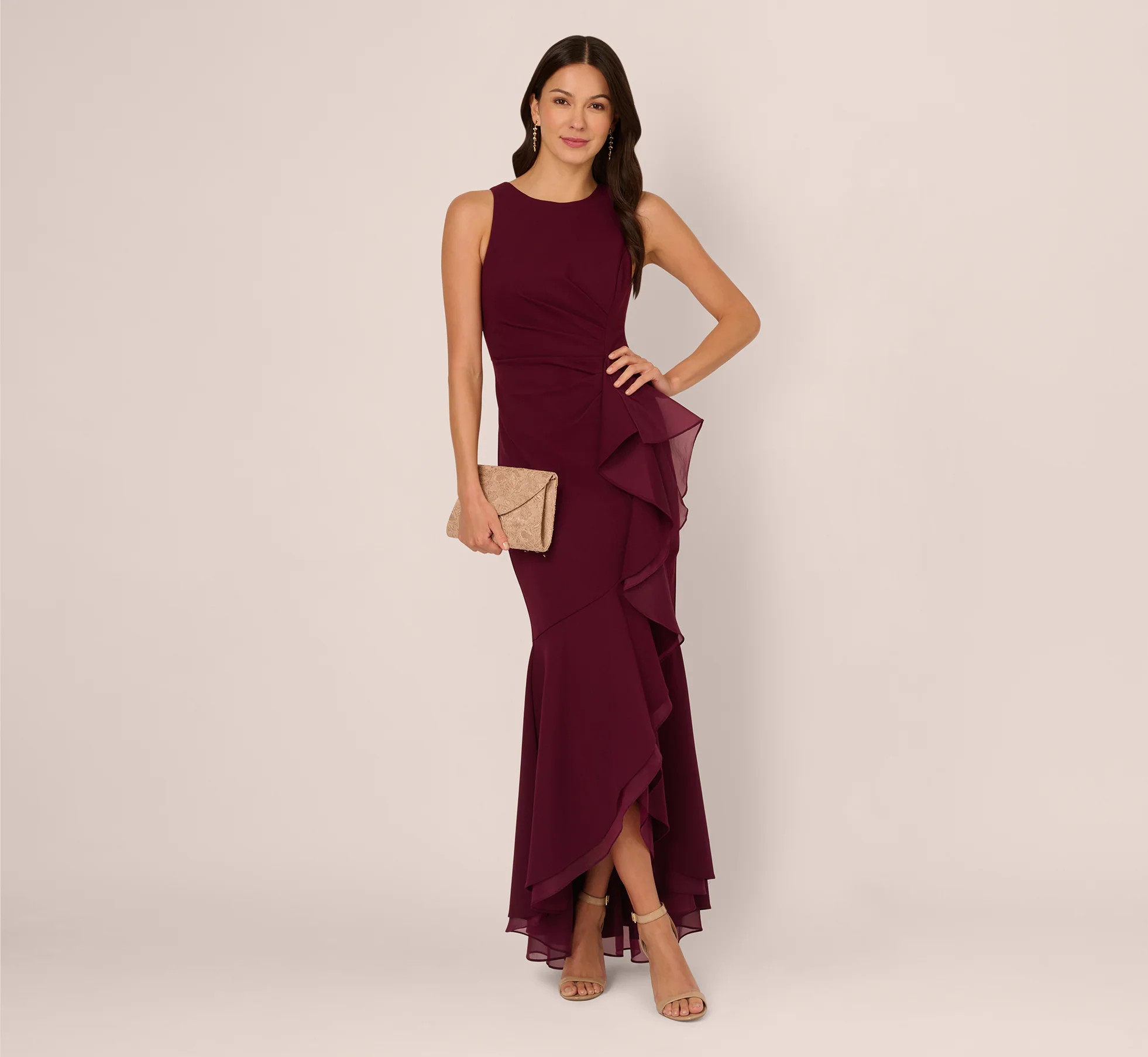 High Low Crepe Halter Gown With Organza Draping In Cabernet | Adrianna Papell