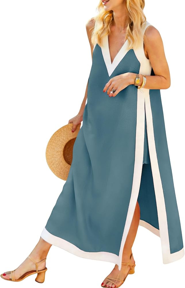 Hooever Women's 2 Piece Dress Sets Color Block Sleeveless V Neck Maxi Dress Matching Shorts with ... | Amazon (US)