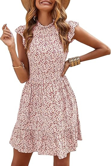 KIRUNDO Women’s Summer Sleeveless Ruffle Sleeve Crew Neck Floral Print Mini Dress Casual Loose ... | Amazon (US)
