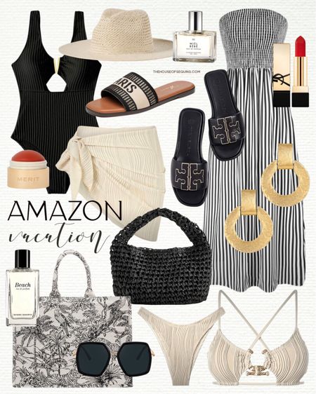 Shop these Amazon Vacation Outfit and resortwear finds! Travel beach vacation looks, Maxi dress, One piece swimsuit, bikini, beach bag, Christian Dior tote bag and slide sandal look for less, Tory Burch sandals, sun hat and more!

