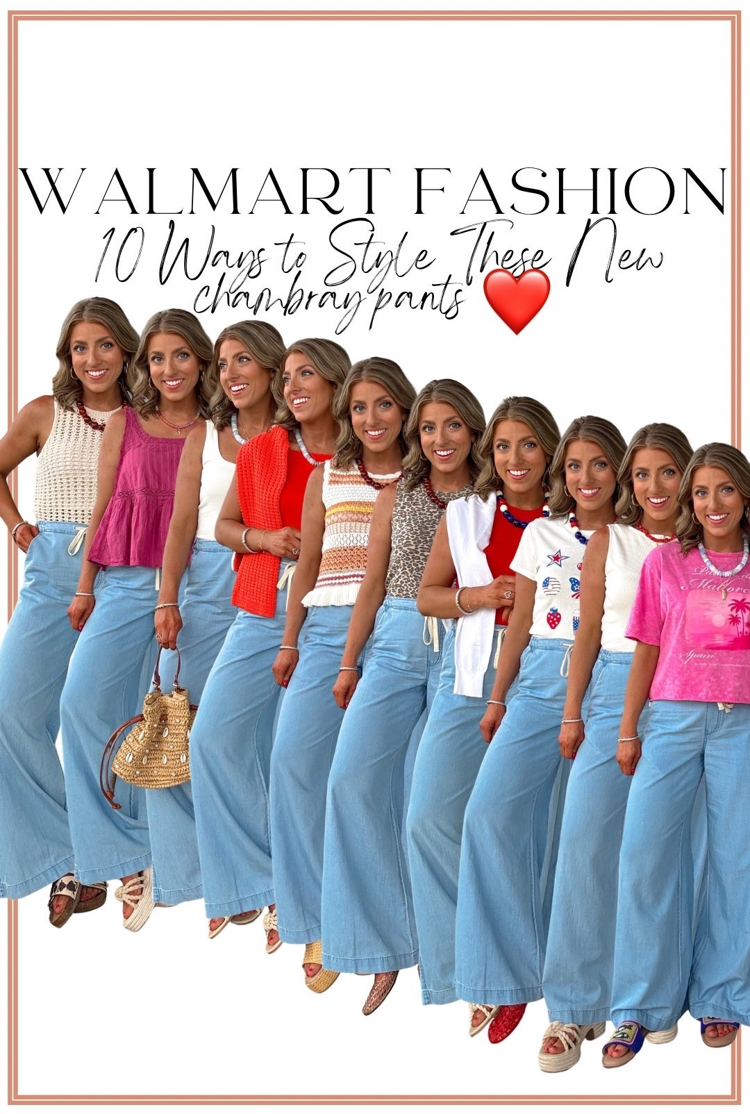 10 ways to style one pair of pants and honestly… Walmart understood the assignment 👏 These new chambray wide leg pants are SO good and might be one of the most versatile pieces I’ve picked up lately. Lightweight, comfy, flattering, and so easy to dress up or down for summer. From casual graphic tee looks to elevated crochet tanks and Americana outfits, these pants work with EVERYTHING 🤍

I’m 5’2 and love the length with sandals or wedges, and the drawstring waist makes them extra comfy for everyday wear. If you’ve been looking for an easy throw-on pair of pants that still looks polished, these are it!

Which look is your favorite? ❤️

#walmartfashion #walmartfinds #walmartstyle #summeroutfits #widelegpants #chambraypants #affordablefashion #casualstyle #everydayoutfit #momstyle #summerfashion #outfitideas #ootd #americanastyle #graphicteeoutfit #coastalsummer #crochettop #budgetfriendlyfashion #walmartnewarrivals #styled10ways

#LTKmomlife #LTKootd #LTKPetite