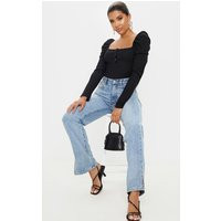 Black Rib Puff Long Sleeve Bodysuit | PrettyLittleThing CAN