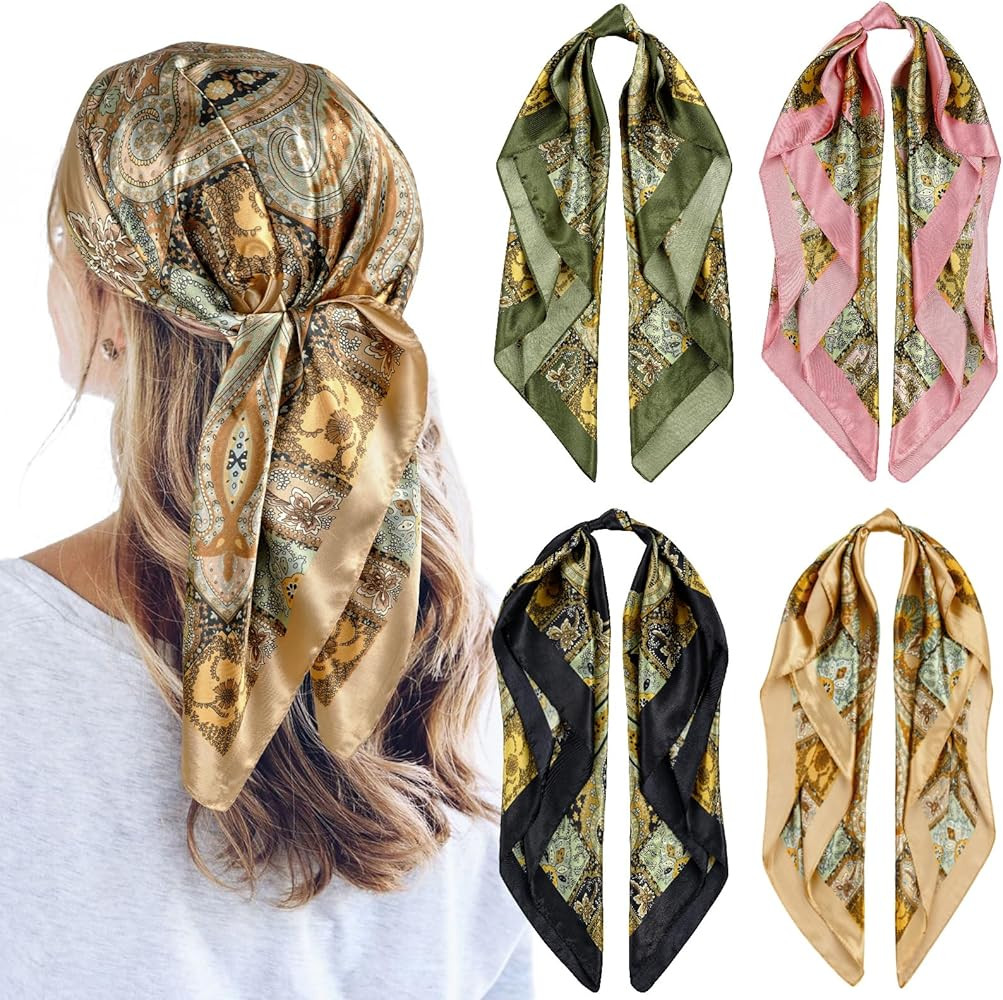 QBSM 4 Pcs 35'' Satin Head Scarf Silk Feeling Neck Scarves Hair Wrap for Sleeping Large Square He... | Amazon (UK)