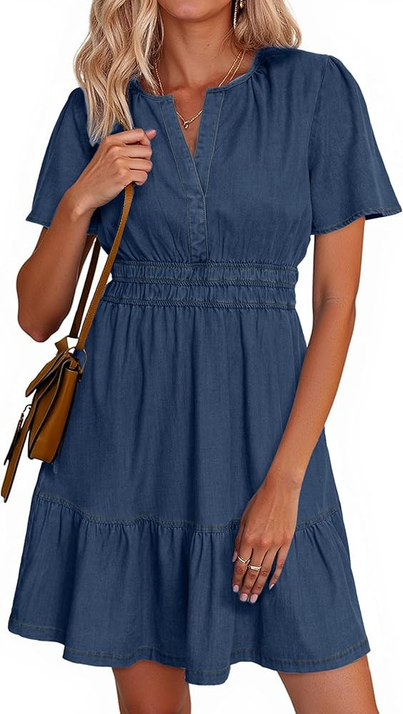Simplee Womens Summer Denim Dress Casual Short Sleeve Mini Dress Boho Beach Flowy Tiered Short Je... | Amazon (US)