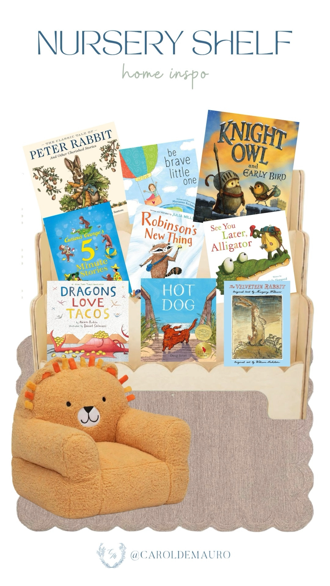 Here’s a cute, easy setup you’ll love to get your kids reading in no time with just one reach! They’ll love this cozy corner, with books like Peter Rabbit, Knight Owl, Robinson’s New Thing, Dragons Love Tacos, and many more.

nursery room, shelf styling, scalloped shelf, affordable finds, toddler activities, decor inspo, seating style, kids bedroom

#LTKKids #LTKSeasonal #LTKHome