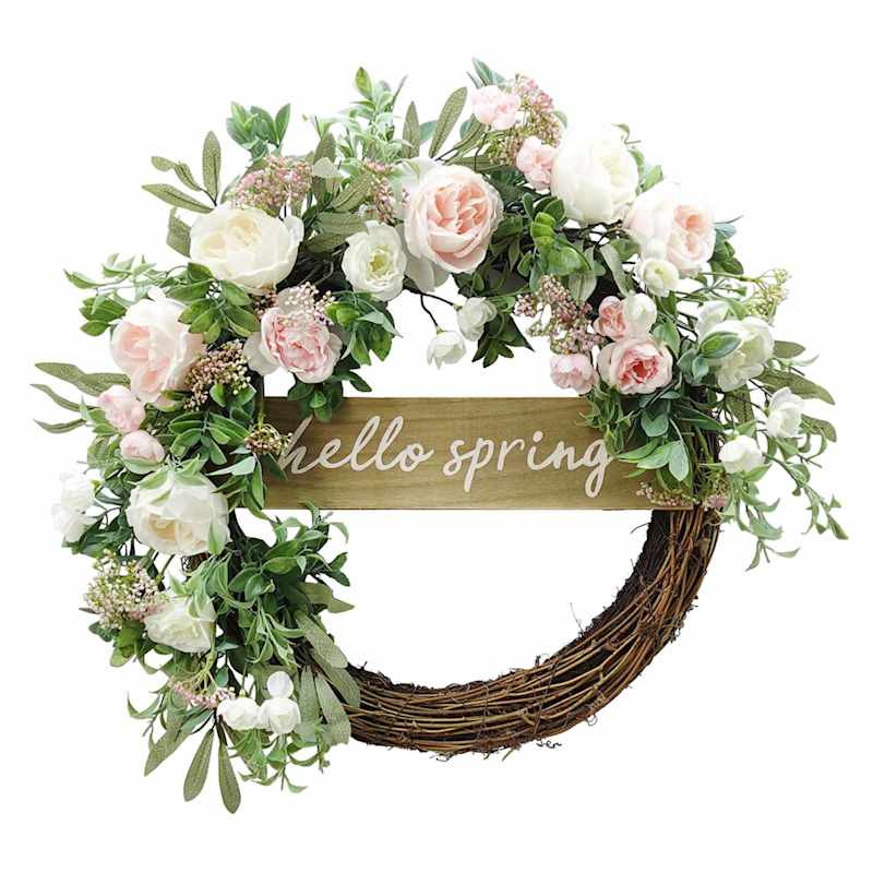 Hello Spring Pinks Roses & Leaves Floral Wreath, 24" | At Home