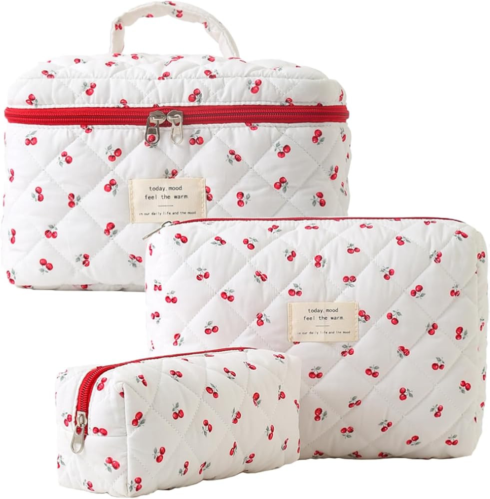 Large Makeup Bag,Quilted Makeup Bag Set,Cotton Coquette Aesthetic Floral Makeup Pouch for Women, ... | Amazon (US)