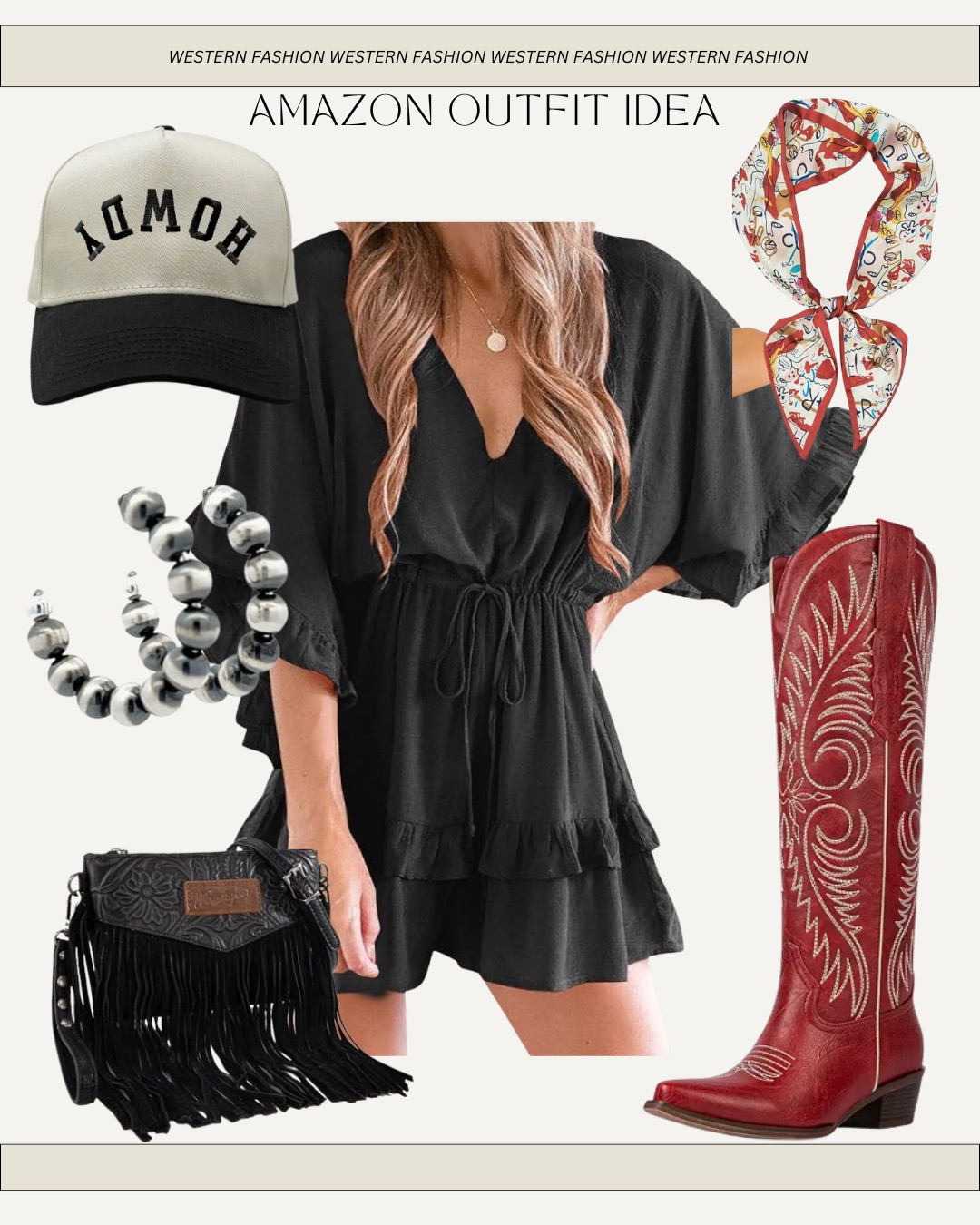 Amazon country concert outfit idea perfect for Rodeo love these red cowgirl boots paired with this wrangler, black fringe bag and a black romper super comfortable and casual but cute. Pray to the trucker hat.

#LTKgrwm #LTKootd