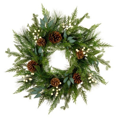 24" Unlit Evergreen Artificial Wreath with Pine Cones & Cream Berries - National Tree Company | Target