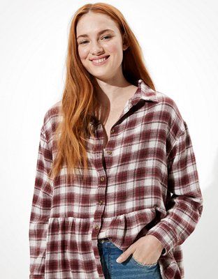 AE Oversized Flannel Babydoll Shirt | American Eagle Outfitters (US & CA)